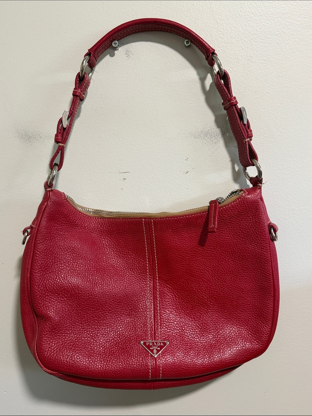 Prada Cherry Red Pebbled Leather Hobo